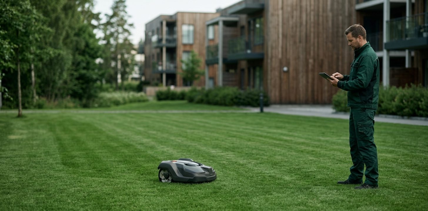 Tekniker følger opp robotklipper med nettbrett
